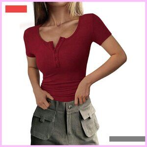 Ribbed Henley Button Short Sleeve Slim Fit Casual Tee Blouse